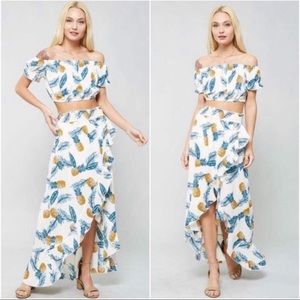 TWO PIECE PINEAPPLE SKIRT & OFF SHOULDER CROP TOP